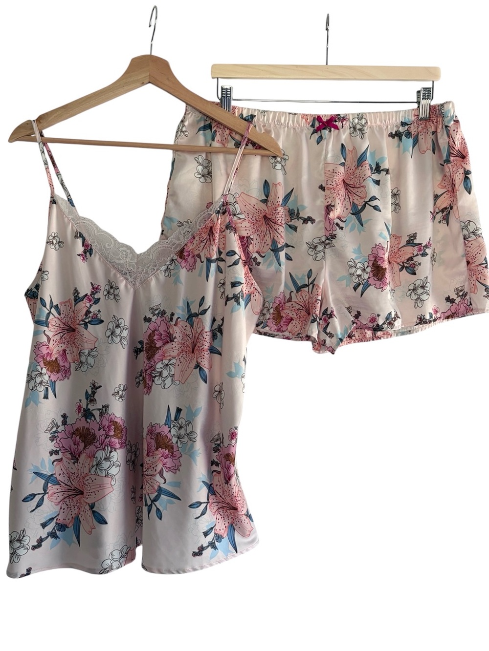 Flora Nikrooz Camisole & Shorts Sleep Set Pink Floral Satin Lace Loungewear XL